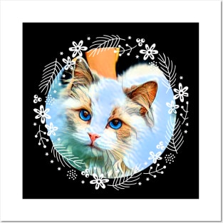 Blue-Eyed Cat in Round White Flower Wreath Posters and Art